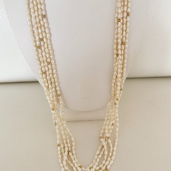 Jewelry - VINTAGE 5 STRAND FRESHWATER RICE PEARL NECKLACE 14K GOLD FILGREE CLASP 31" OPERA